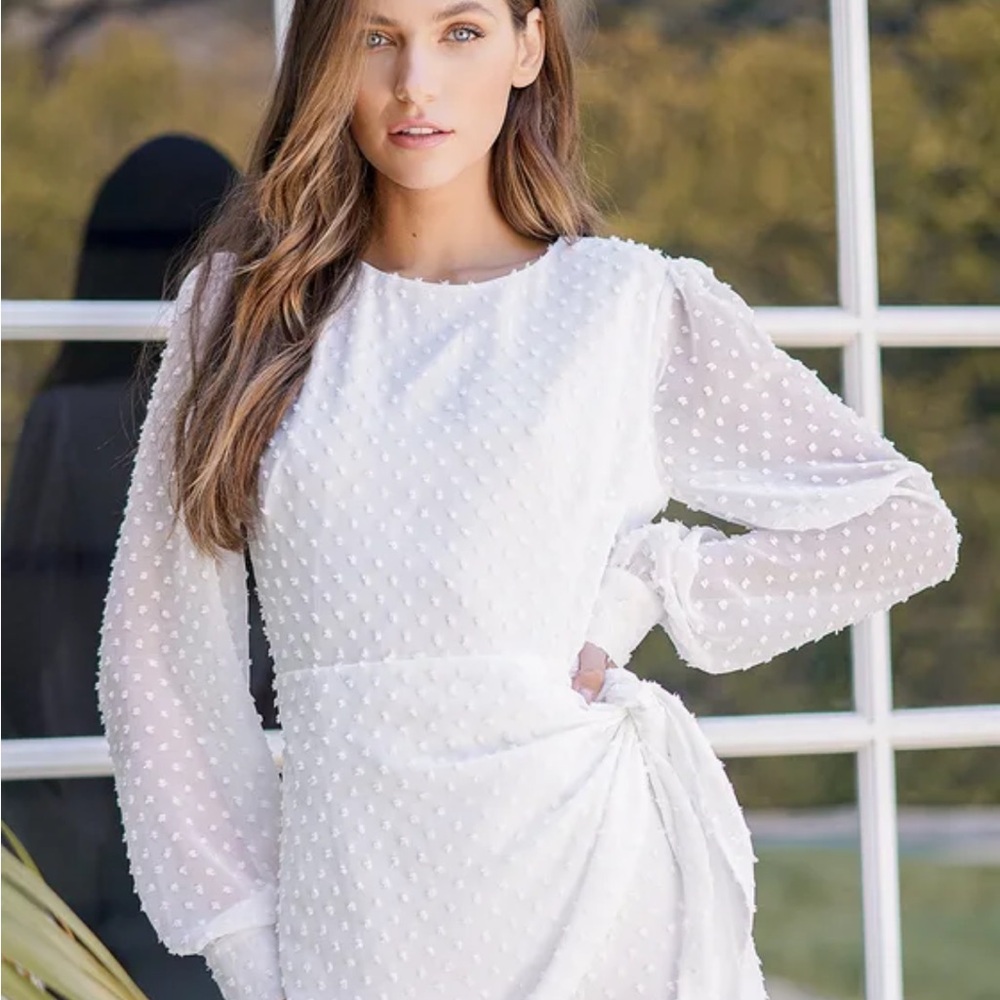 Lulus White Swiss Dot Long Sleeve Tie-Front Mini Dress - Picture 2 of 9